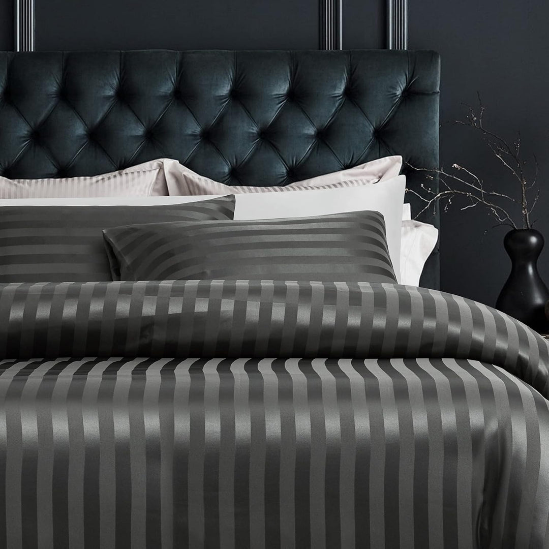 Damier Bettwäsche 200x200cm Satin Grau gestreift Bettwäsche Set 3-teilig hochwertiges Uni einfarbig