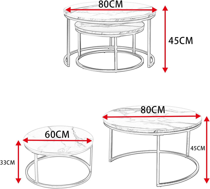 Soayone Couchtisch Rund 2er Set, Dunkelgrau Marmor Couchtisch mit Schwarz Metallgestell, Beistelltis