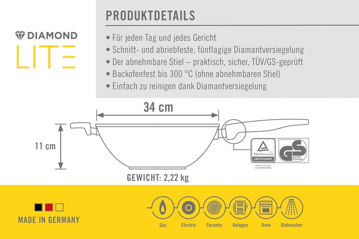 Woll Diamond Lite Wok- und Rührpfanne mit Glasdeckel, Ø 34 cm, 11 cm hoch, mit abnehmbaren Stiel - G