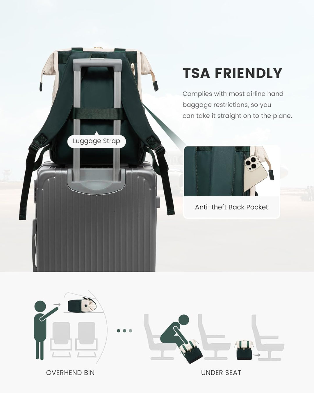 LOVEVOOK Rucksack Damen Grün, 15,6 Zoll Laptop Backpack, Tagesrucksäcke Handtasche 2 in 1, Arbeitsta