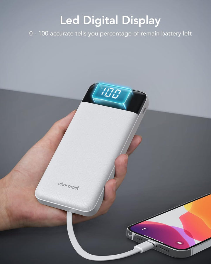 Charmast Power Bank, Slim 10000mAh Powerbank mit USB-C Kabel und LED-Display, 6 Ausgängen Klein Aber