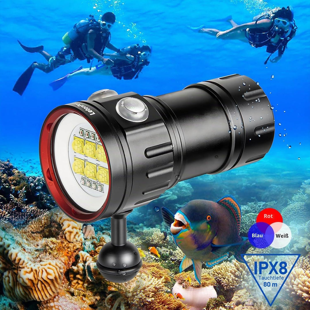 B24 Tauchen Taschenlampe,9000 Lumens Super Bright Underwater 80m Video Light, Scuba Dive Light, High