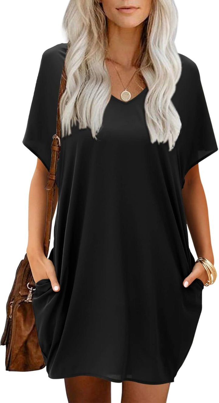 Beluring Damen Kleid mit Taschen Kleider Herbst Langarm/Kurzarm V-Ausschnitt Lässig Shirtkleid M Sti