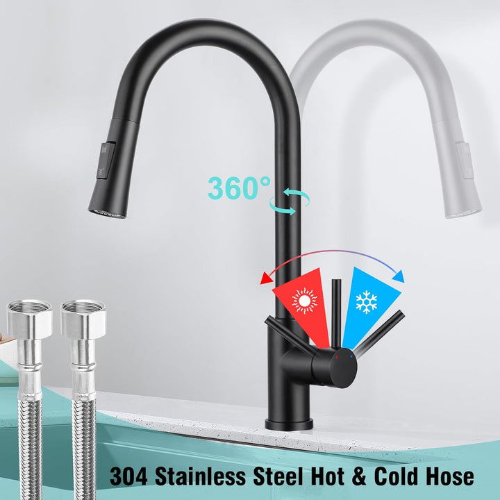 BONADE Wasserhahn Küche Schwarz, 360° Drehbare Küchenarmatur mit Brause Ausziehbar, Hoher Bogen Misc