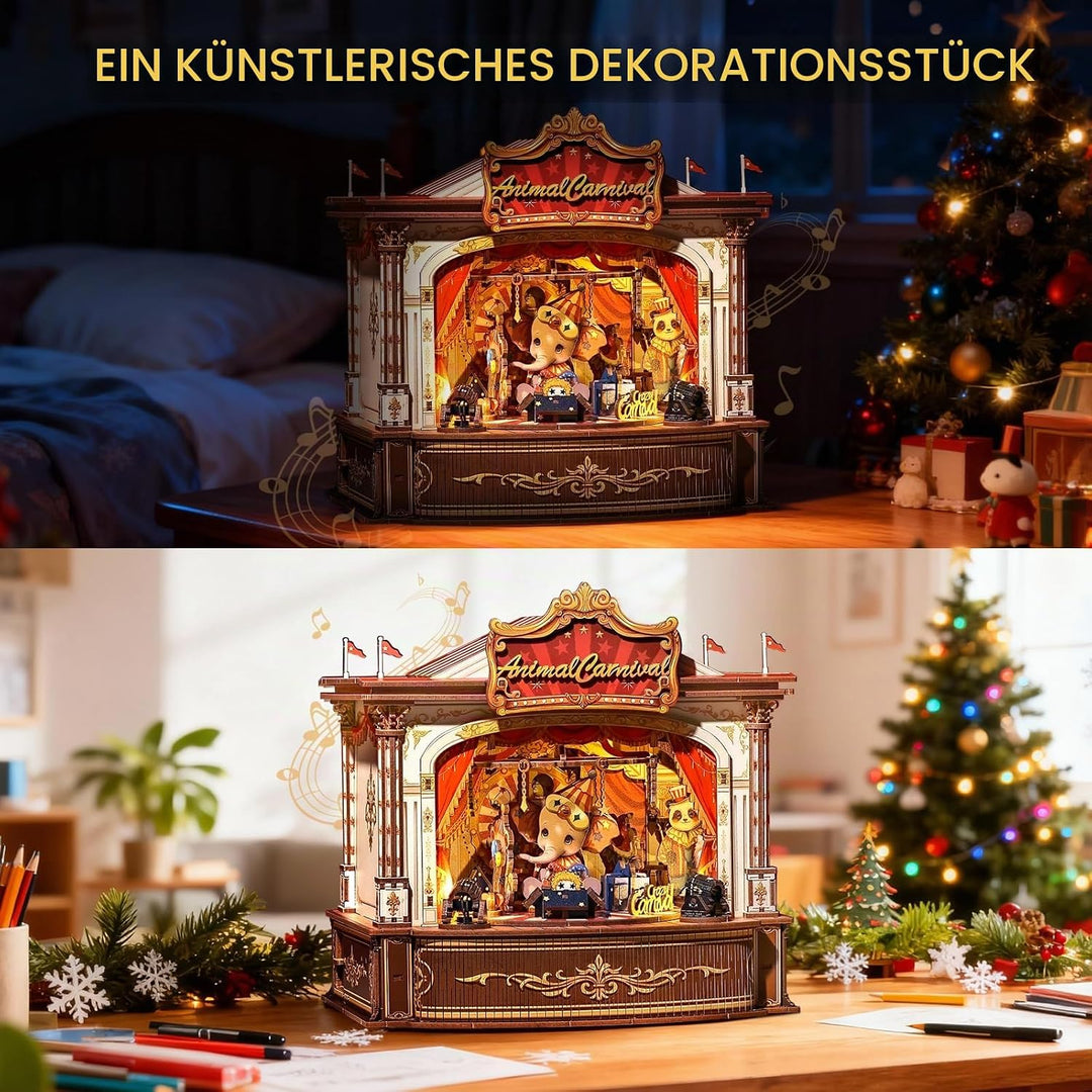 CUTEBEE 3D Holzpuzzle für Erwachsene - Rotierende Spieluhr Miniatur Haus Tier-Karneval 3D Puzzle Mod