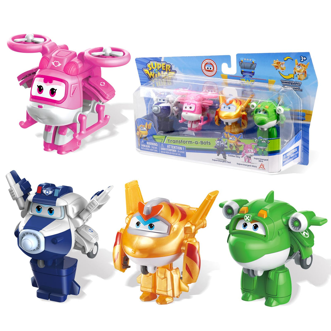Super Wings Transform-a-Bots 4 Pack with S5 Paul Dizzy & Golden Boy & Mira, Rosa, Gelb, Blau, Grün S