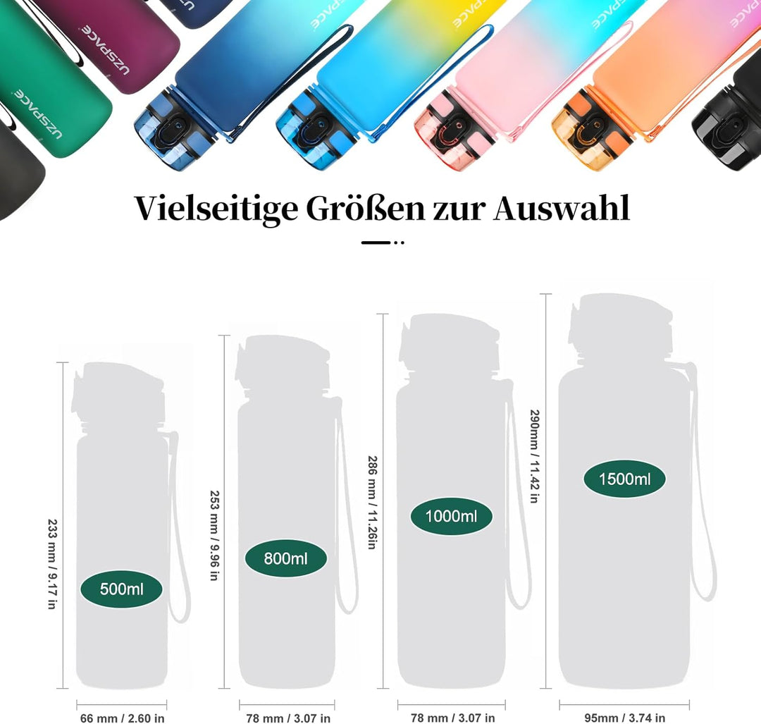 UZSPACE Trinkflasche Kinder Auslaufsicher,Sport Kunststoff Trinkflasche 1l,800ml,500ml, Tritan & BPA
