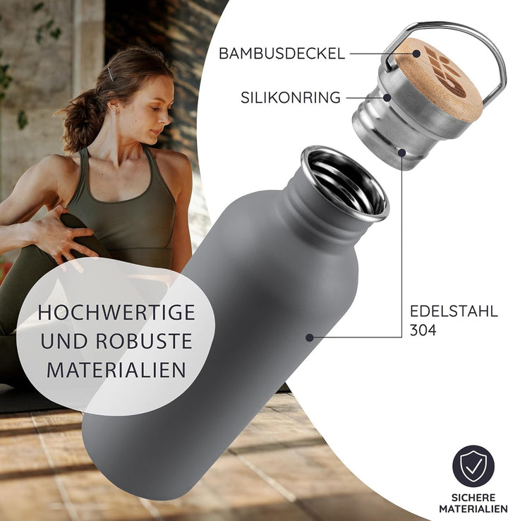 Bambaw Trinkflasche 750 ml Edelstahl, Nicht-isolierte Wasserflasche Grau, Wasserflasche für Unterweg