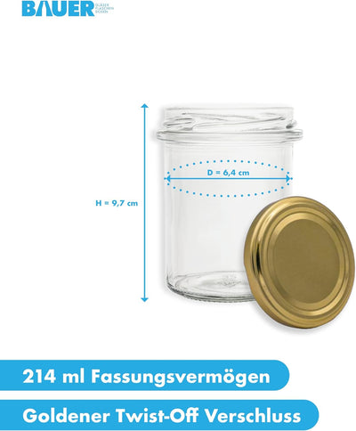flaschenbauer.de 24er Set Sturzgläser 214 ml inkl. goldene Twist Off Deckel TO66 zum Einmachen von S