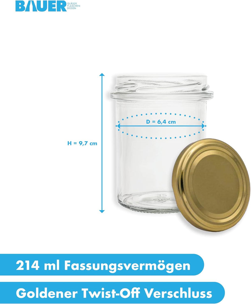 flaschenbauer.de 24er Set Sturzgläser 214 ml inkl. goldene Twist Off Deckel TO66 zum Einmachen von S