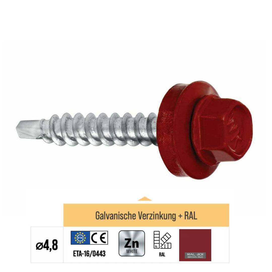 Bohrschrauben 4,8 х 55 mm 200 Stück RAL: 3011 - Braunrot Trapezblechschrauben - 03130155