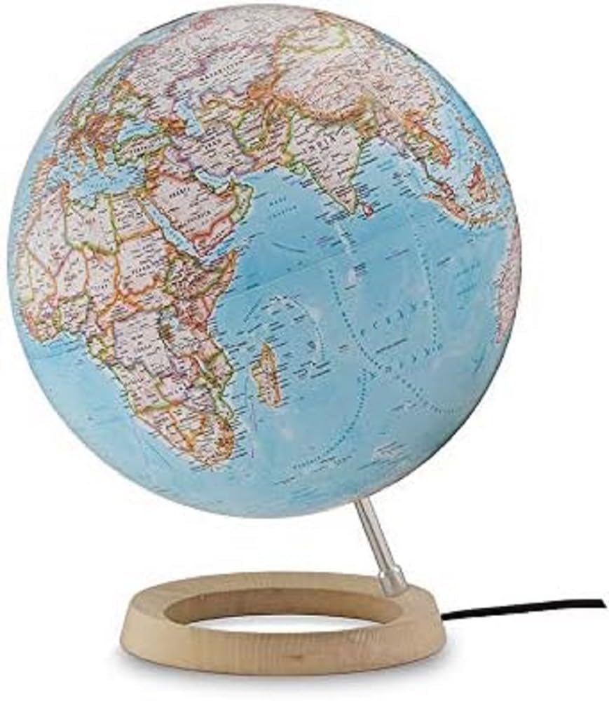 National Geographic - Globus Neon Classic - Zifferblatt blau, Ahorn und Aluminium, 30 cm, beleuchtet