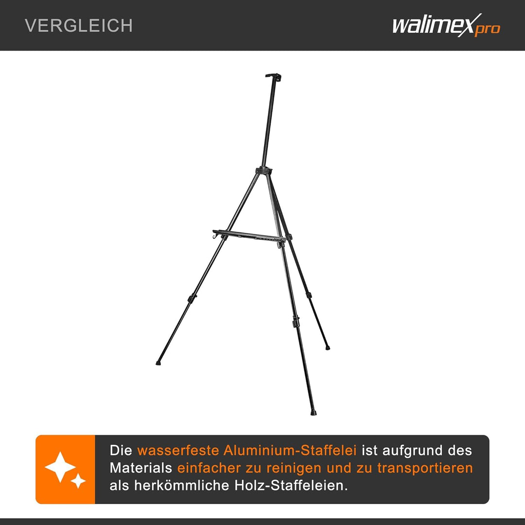 Walimex pro Staffelei L 50-165 cm, Leinwandstaffelei aus Aluminium inkl. Transporttasche, Feldstaffe
