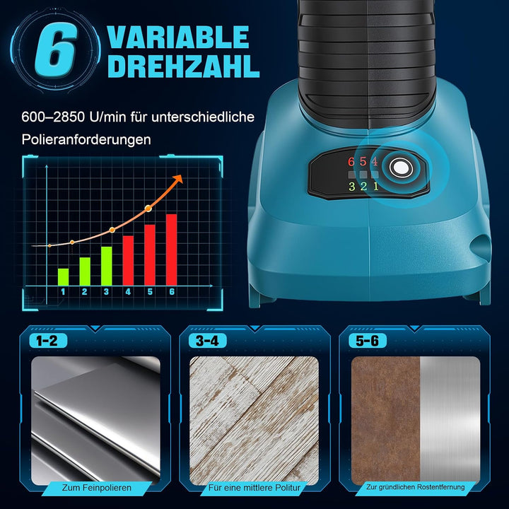 Satiniermaschine Bürstenschleifer Holz Kompatibel mit Makita 18V | 6 Geschwindigkeitsstufen, Leistun