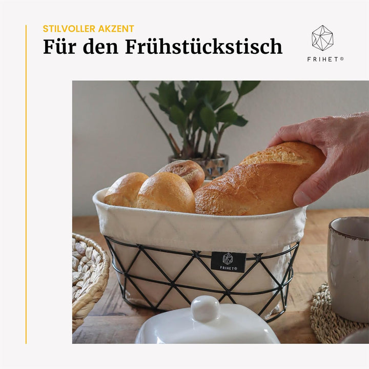 FRIHET 2-in-1 Brotkorb &amp; Obstschale - Metall - waschbare Einlage aus 100% Baumwolle - oval - schwarz