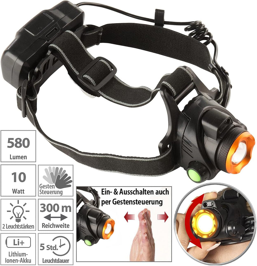 KryoLights Kopflampe: Akku-Stirnlampe, Gesten-Steuerung, Cree-T6-LED, 580 lm, 10W, 2.200mAh (Kopfleu