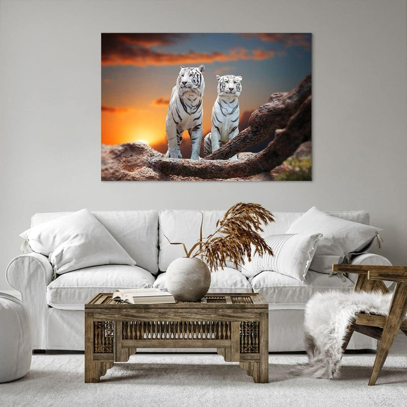 Bilder auf Leinwand 100x70cm Leinwandbild Tiger weiss Rock Sonnenuntergang Gross Wanddeko Bild Schla