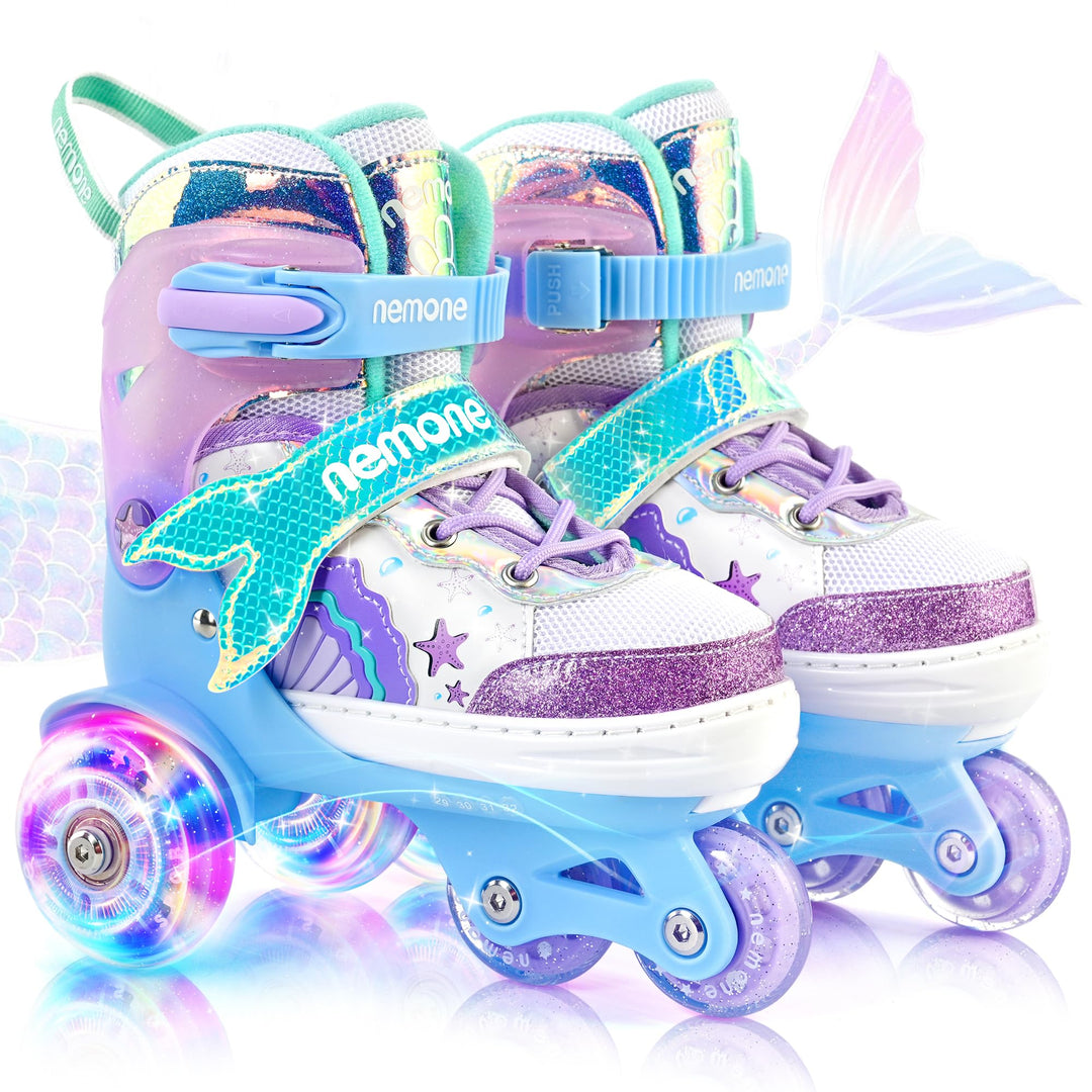 NEMONE Rollschuhe für Mädchen Kinder 4 Grössen Verstellbar Blau Violett Rollschuhe für Kinder Drinne