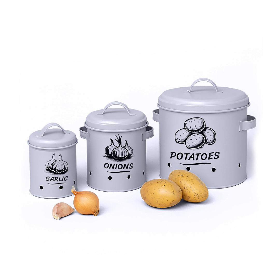 Relaxdays Kartoffel Aufbewahrungsbox, Zwiebeln, Knoblauch, 3er Set, mit Deckel &amp; Löchern, Metall, Zw