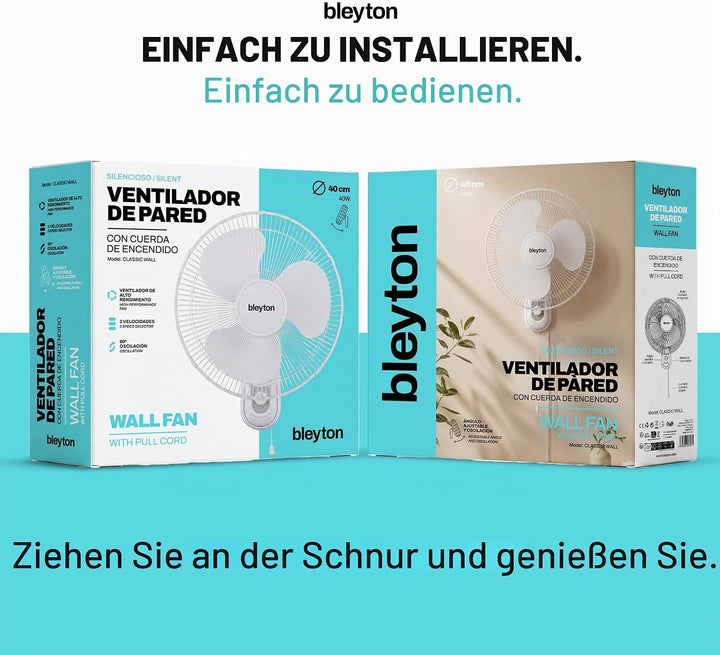 BLEYTON Leiser Wandventilator Weiss 40W CLASSIC WALL | Wandventilator mit Zugschalter, 90° Oszillati