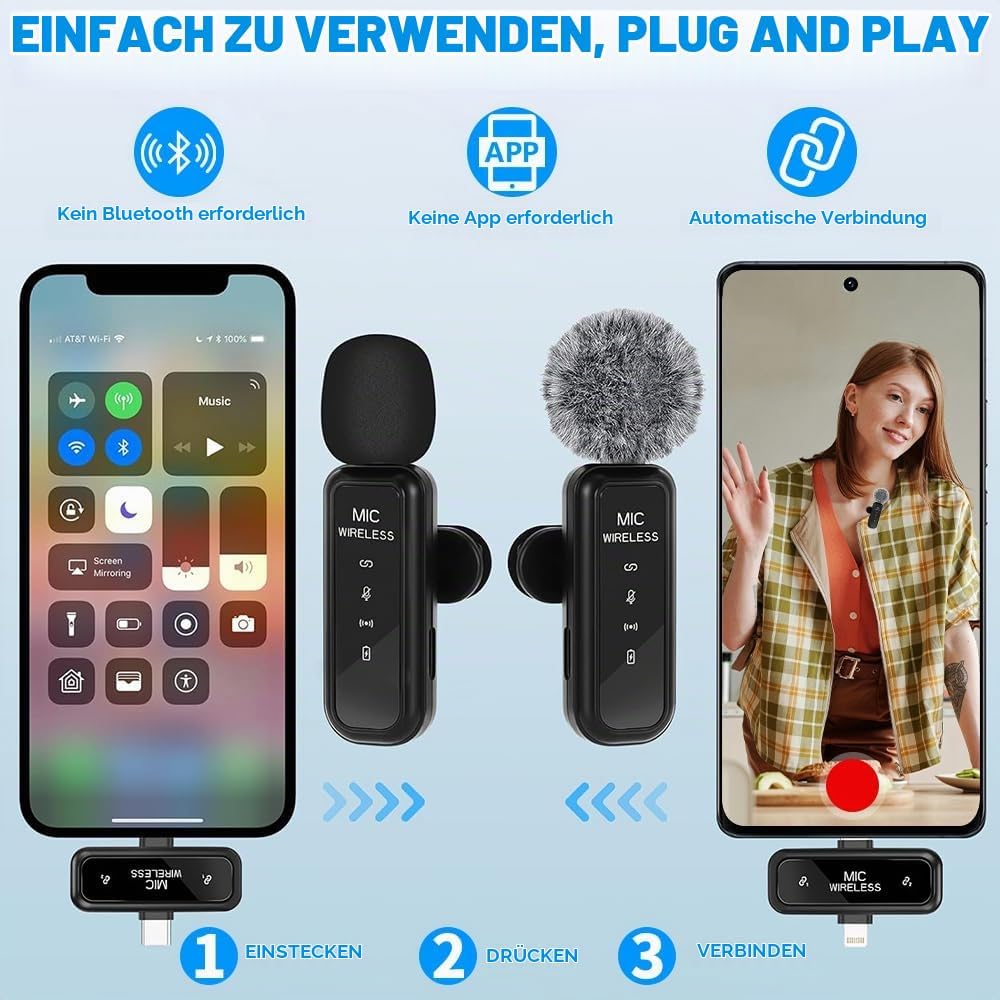 SKJJM 2 Pcs Kabelloses Lavalier Mikrofon mit Rauschunterdrückung, Mini-Mikrofon mit 2-in-1 Universal