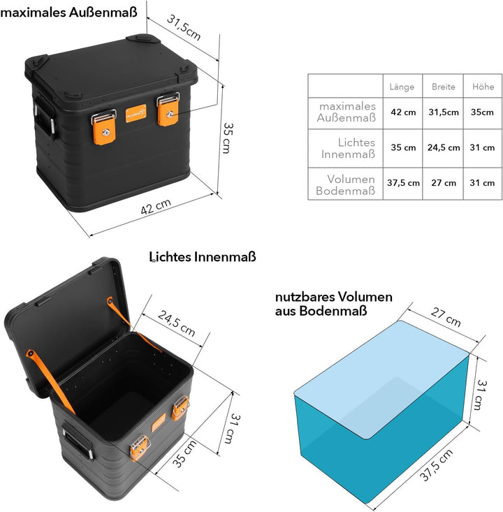 ALUBOX Alukiste abschliessbar E31B - Premium Aluminium Lagerbox 31 Liter - Deckel mit Aluminium Druc