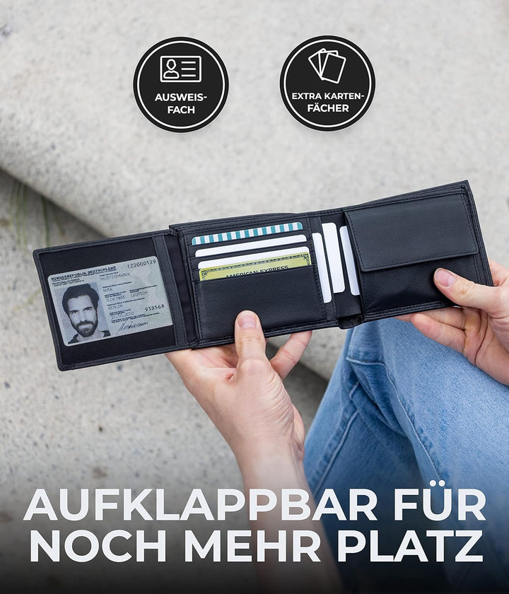 KORUTA® Geldbörse Herren Schwarz mit RFID Schutz I Echtleder Portemonnaie Gross 13 Fächer Geldbeutel