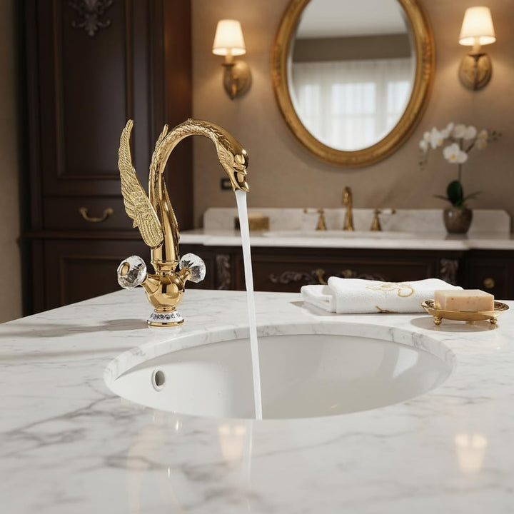 Suguword Waschtischarmatur mit Schwanendesign Einloch-Deckmontagehahn Modern für Badezimmer Gold A,