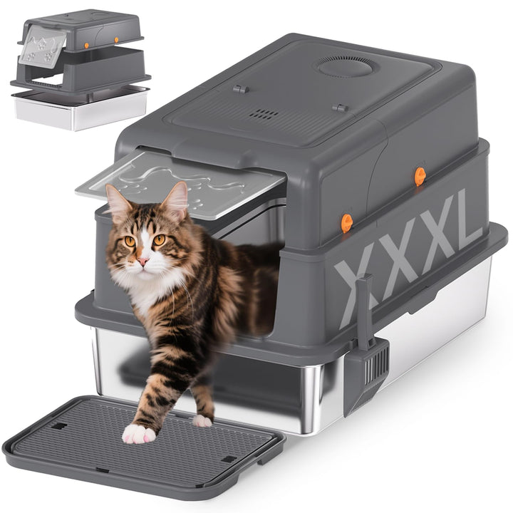 Homegroove XXXL Katzenklo Edelstahl mit Deckel, 70x50x45 Extra Grosses Katzenklo mit Schaufel &amp; Fuss