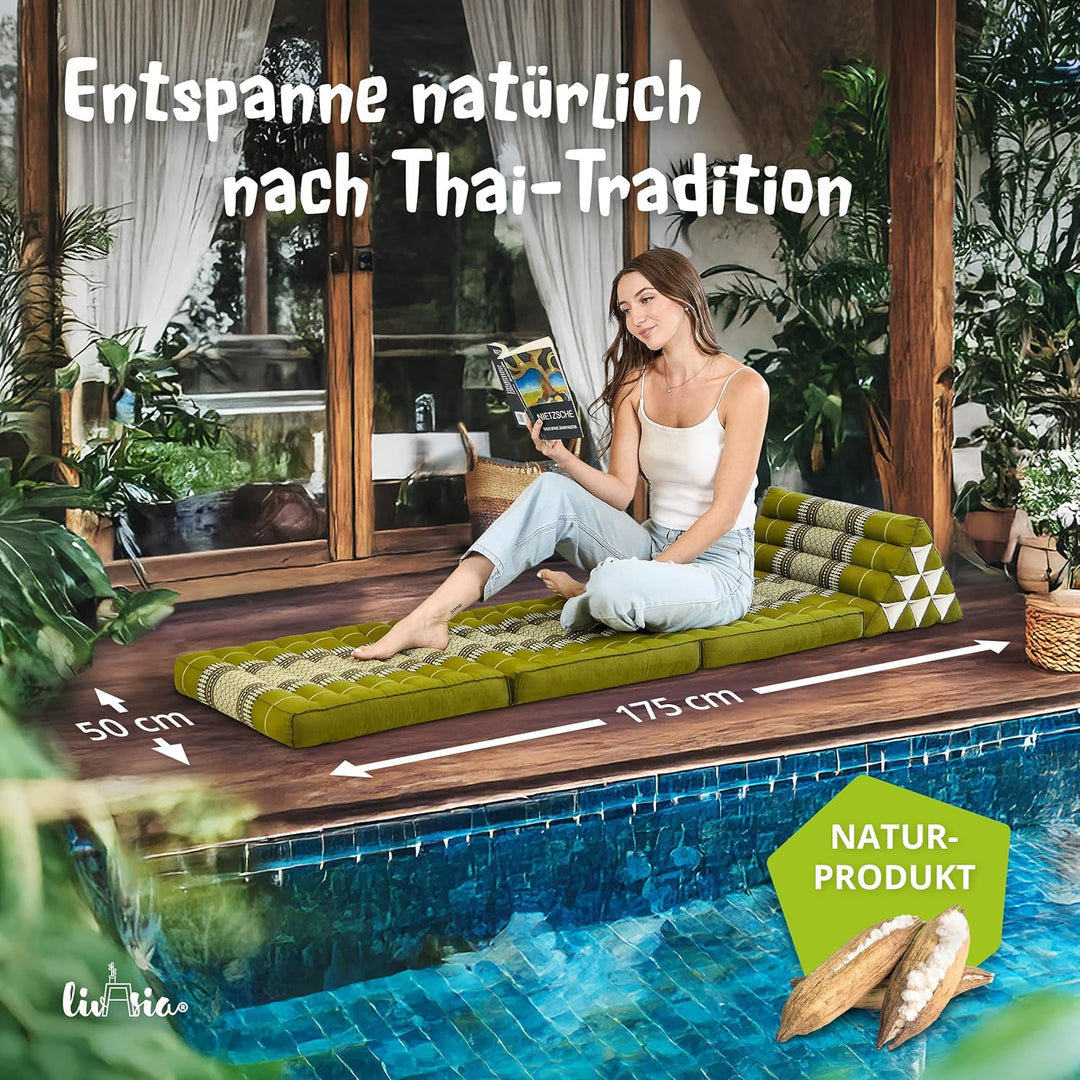 livasia Thaikissen mit 3 Auflagen, Dreieckskissen mit Klappmatratze, Keilkissen Kapok, Rückenkissen