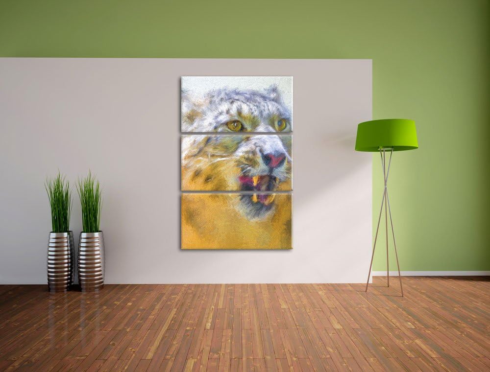 Schneeleopard zeigt Zähne Spezial 3-Teiler Leinwandbild 120x80 Bild auf Leinwand, XXL riesige Bilder