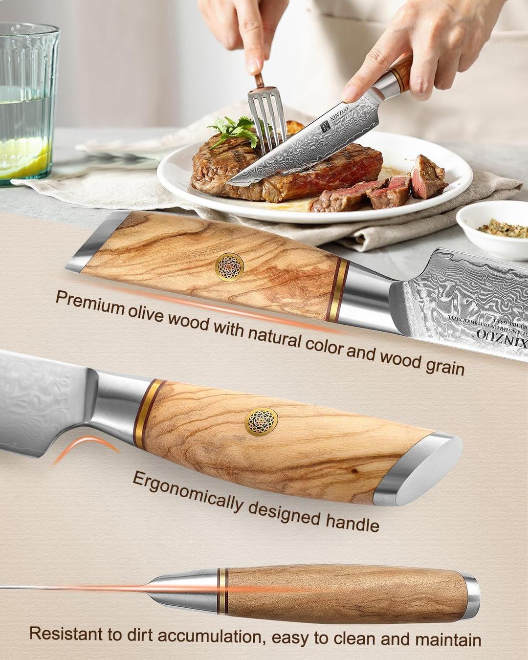 XINZUO Damaststahl Steakmesser Set 5er -73 Schichten Damastpulverstahl Steakbesteck mit Akazienholz