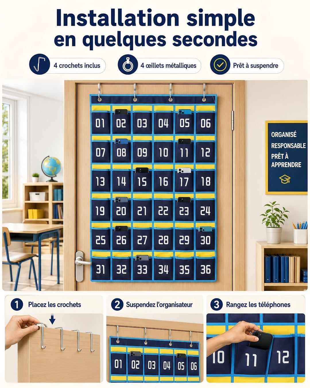 Hemobllo Nummerierte Telefon-Aufbewahrungstasche 37,80 x 26,38 Zoll Vliesstoff 36 Taschen für Klasse