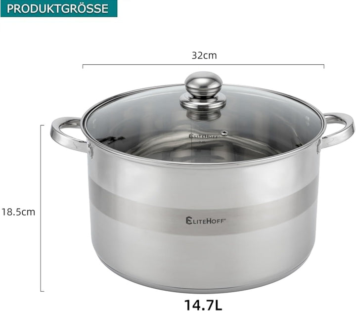 EliteHoff Kochtopf, 7-Lagen Edelstahl Topf Induktion Kochtöpfe Nudeltopf Suppentopf mit Glasdeckel f