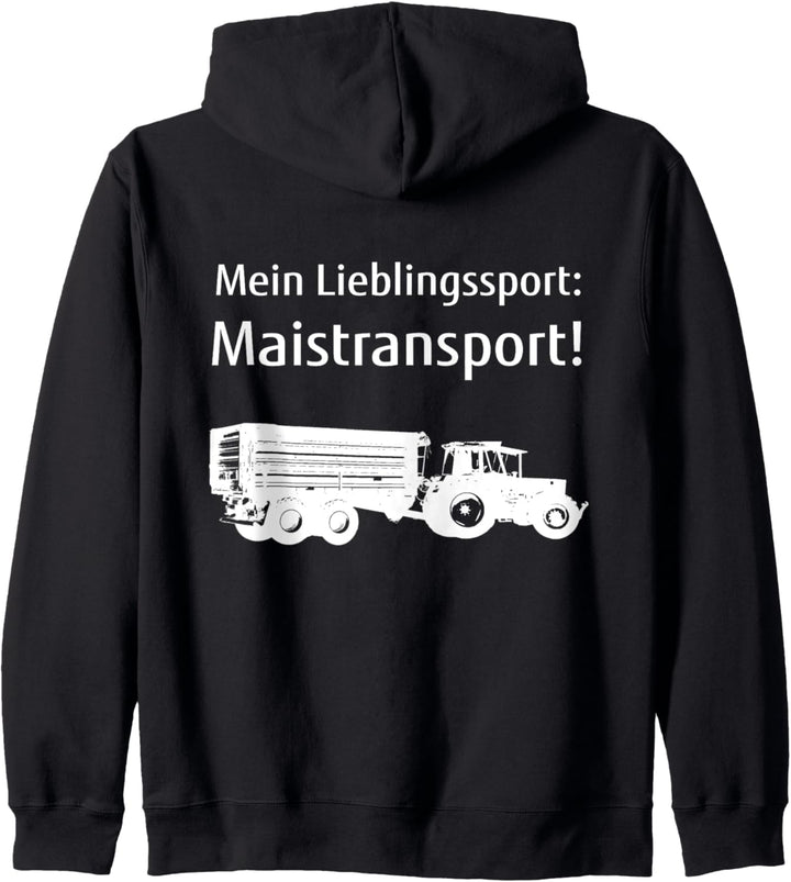Druck auf Rücken Mais häckseln Landwirt Bauer Maistransport Kapuzenjacke