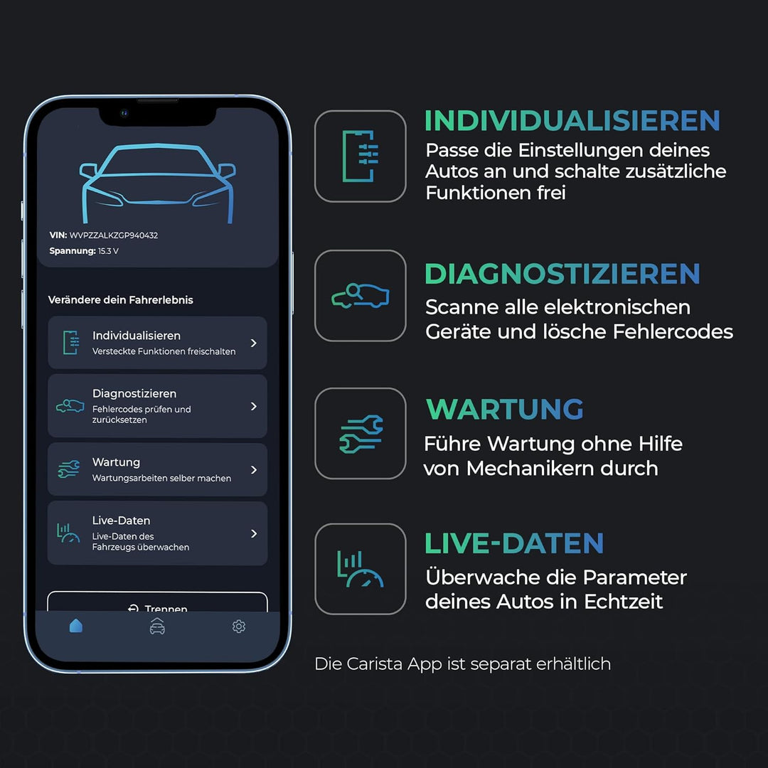 CARISTA EVO- Bluetooth Adapter: Diagnose, Anpassung, Wartung, Live-Daten, Carista EVO
