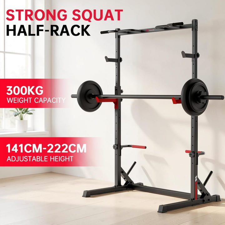 Multifunktionales Kniebeugen-Rack mit Klimmzugstange, voll verstellbare Kraftstation, 300 kg Tragkra