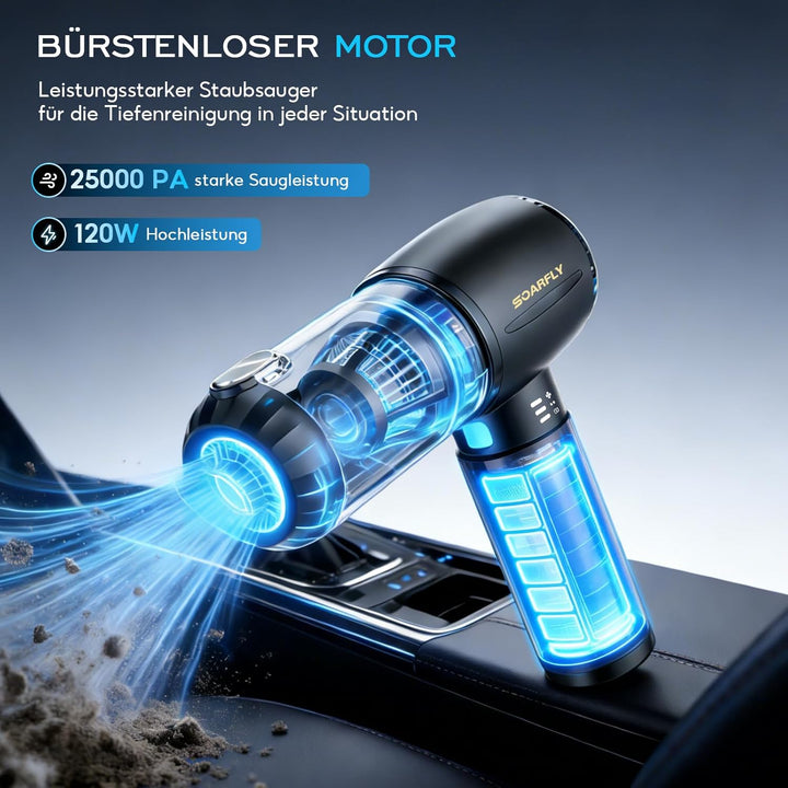 Handstaubsauger Akku, 25000Pa 4 in 1 Auto Mini Staubsauger Kabellos Stark mit LED Licht, 2-Gang Elek