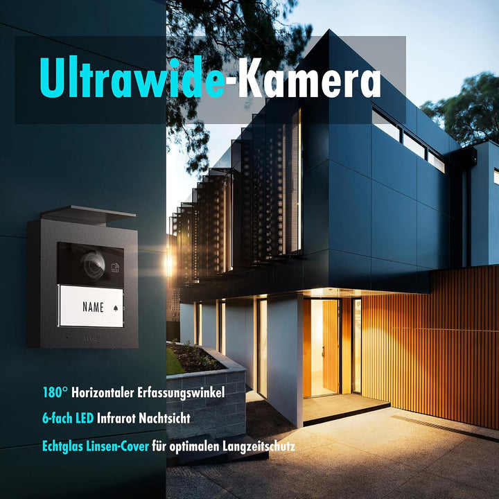 m-e Video-Türsprechanlage RFID anthrazit/weiss | Aluminium Aussenstation für 1-Familienhaus | 7“ Des