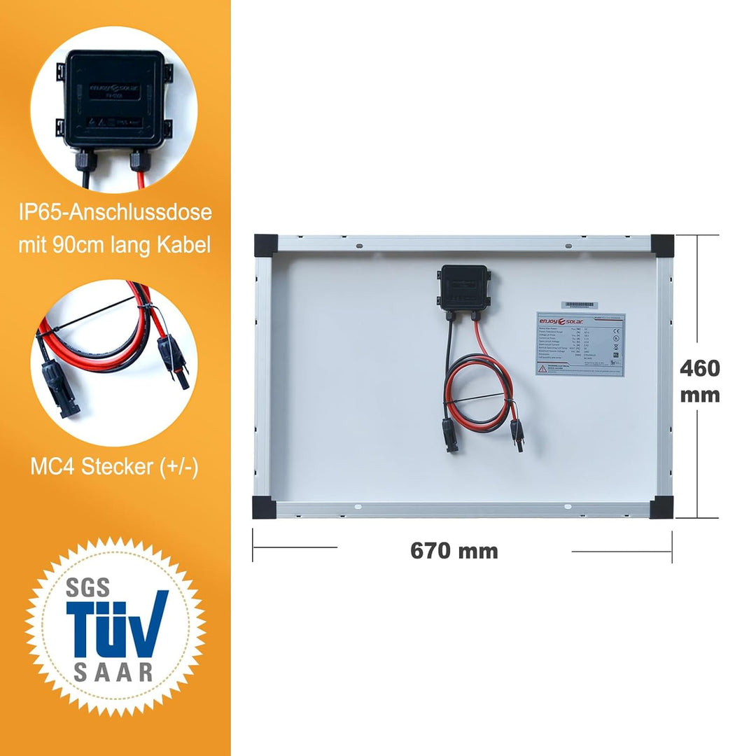enjoy solar® Monokristallines Solar panel deal für Wohnmobil, Gartenhäuse, Boot (Mono 50W) 50W, 12V,