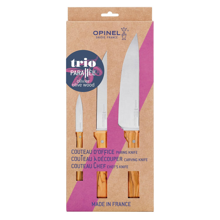 Opinel Parallel Trio Olivier /2 Kochmesser Set aus 3 Chefmessern mit Edelstahlklinge und Buchenholzg