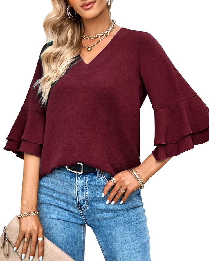 Damen Bluse Elegant V-Ausschnitt 3/4 Ärmel Lässige Blusen mit Rüschenärmel Tunika Tops M-3XL, Weinro