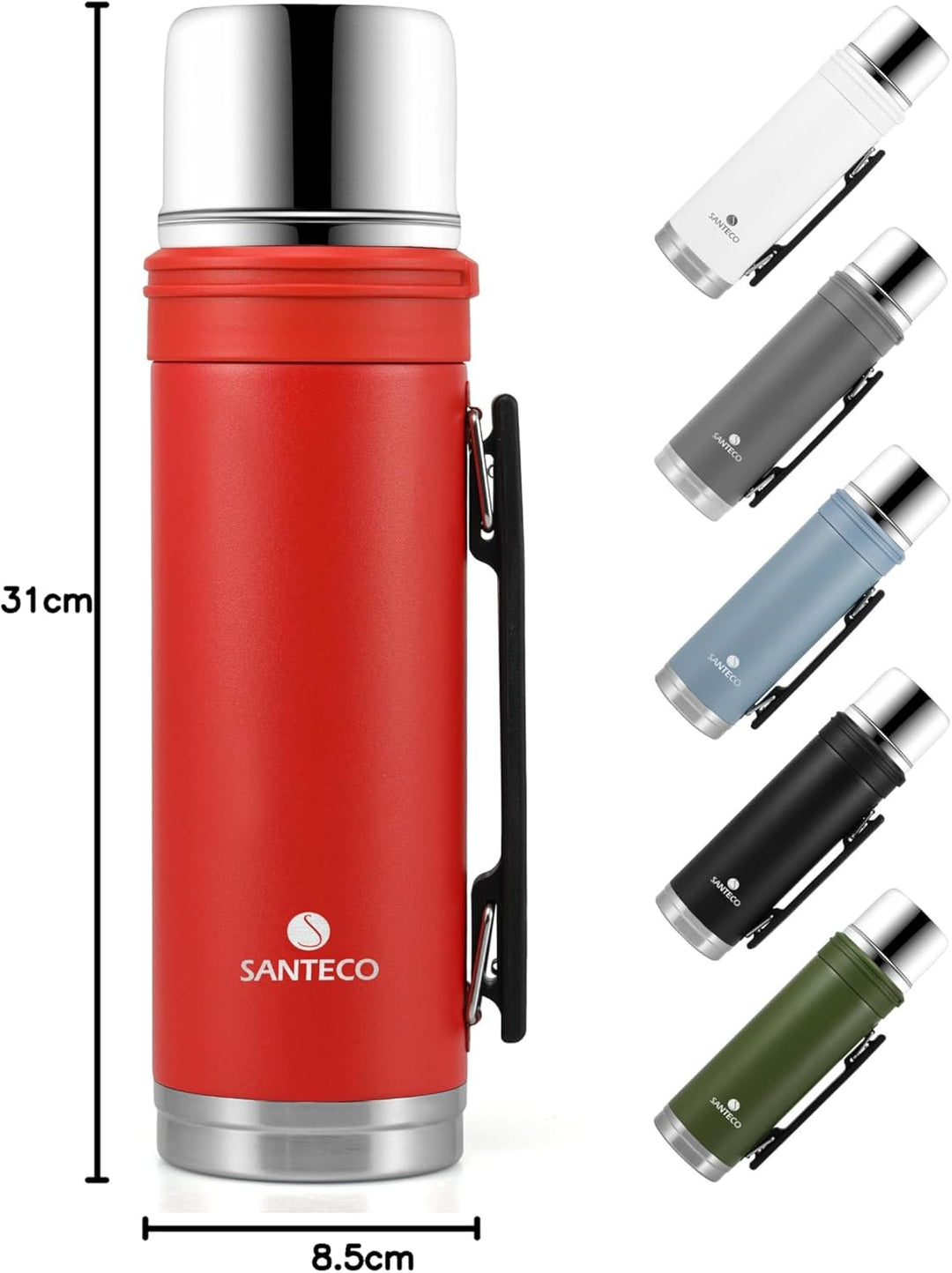 SANTECO Thermoskanne 1L - Thermoskanne mit Trinkbecher für unterwegs - Thermosflasche Edelstahl mit