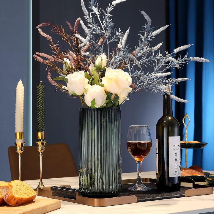 Dinyeo Grosse zylinderförmige Blumenvase aus grünem Glas für Bauernhaus, Esstisch, Tafelaufsätze, De