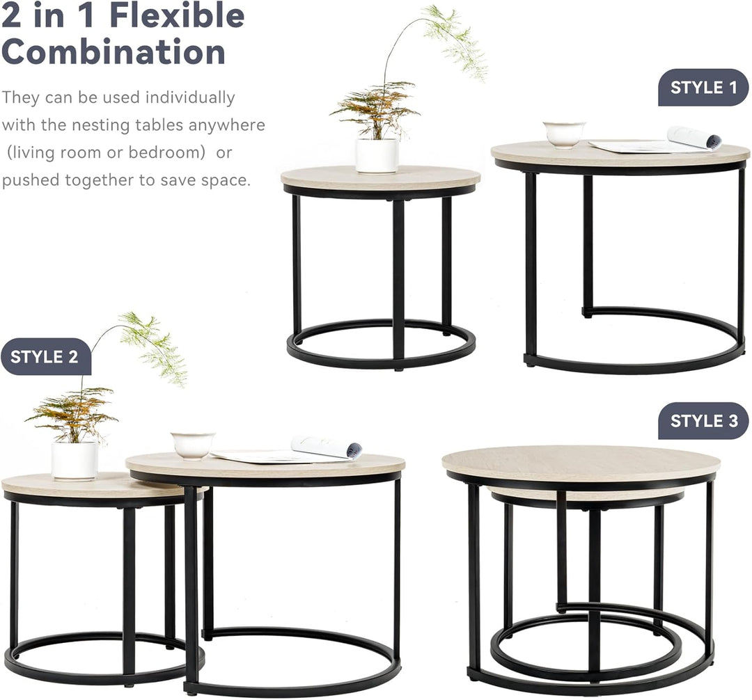 Hawthyhome 2 Stücke Beistelltisch Set rund, Couchtisch aus Holz mit Metallrahmen,Moderne Kaffeetisch