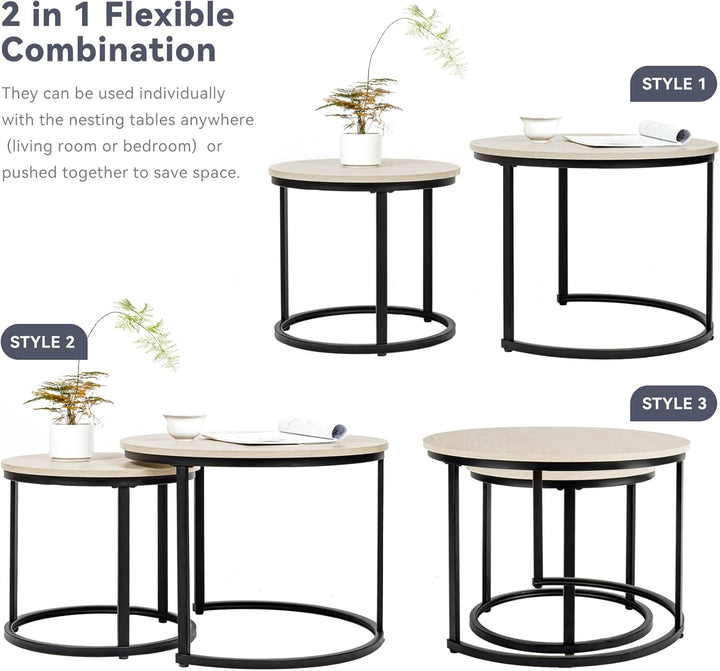 Hawthyhome 2 Stücke Beistelltisch Set rund, Couchtisch aus Holz mit Metallrahmen,Moderne Kaffeetisch