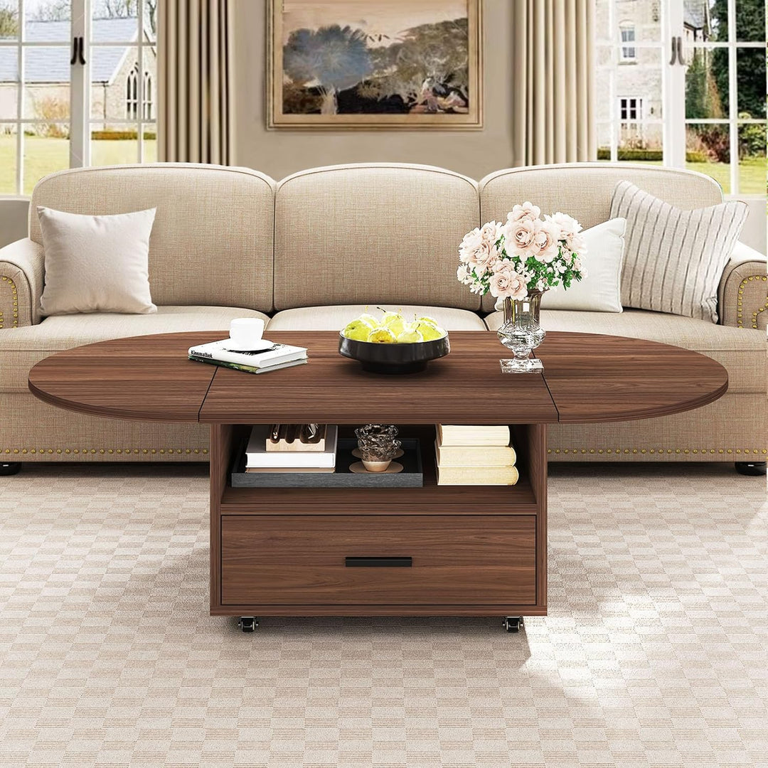 IBF Oval Couchtisch mit Stauraum Holz Wohnzimmer Tisch mit Schublade Klappbarer Couchtisch Für Schla