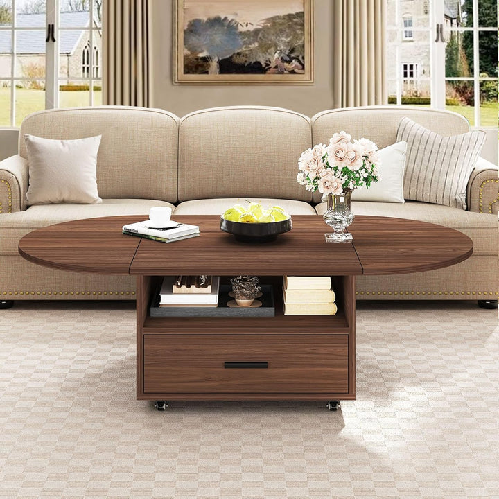 IBF Oval Couchtisch mit Stauraum Holz Wohnzimmer Tisch mit Schublade Klappbarer Couchtisch Für Schla