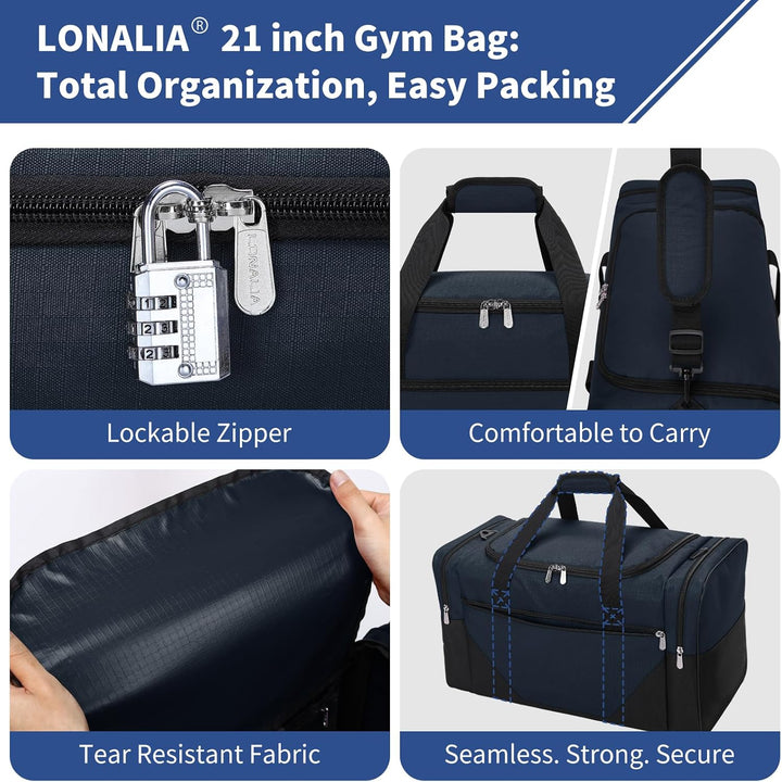 Sporttasche 45L - 53×28×30.5 cm Reisetasche mit Vielen Fächern für Gym, Weekend &amp; Kurztrips - Marine