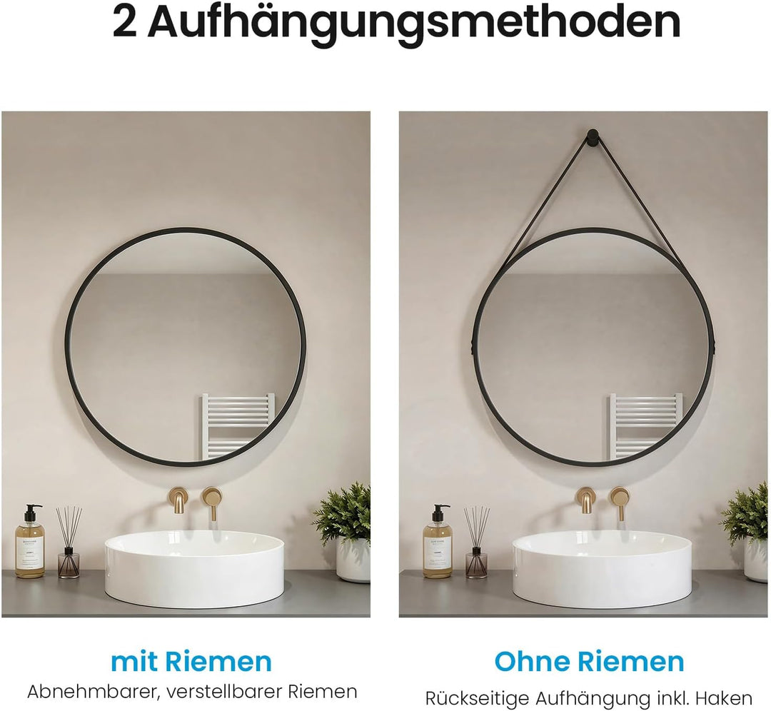 Heilmetz Spiegel Rund Schwarz Φ60cm – Runder Wandspiegel mit Metallrahmen & abnehmbarem Band, für Ba